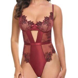 NEW Oh La La Chéri Nina Embroidered Underwire Teddy XL Syrah